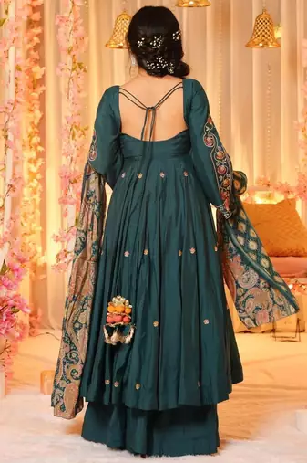 Teal green chanderi heavy thread embroidery work with printed dupatta kurta sharara set