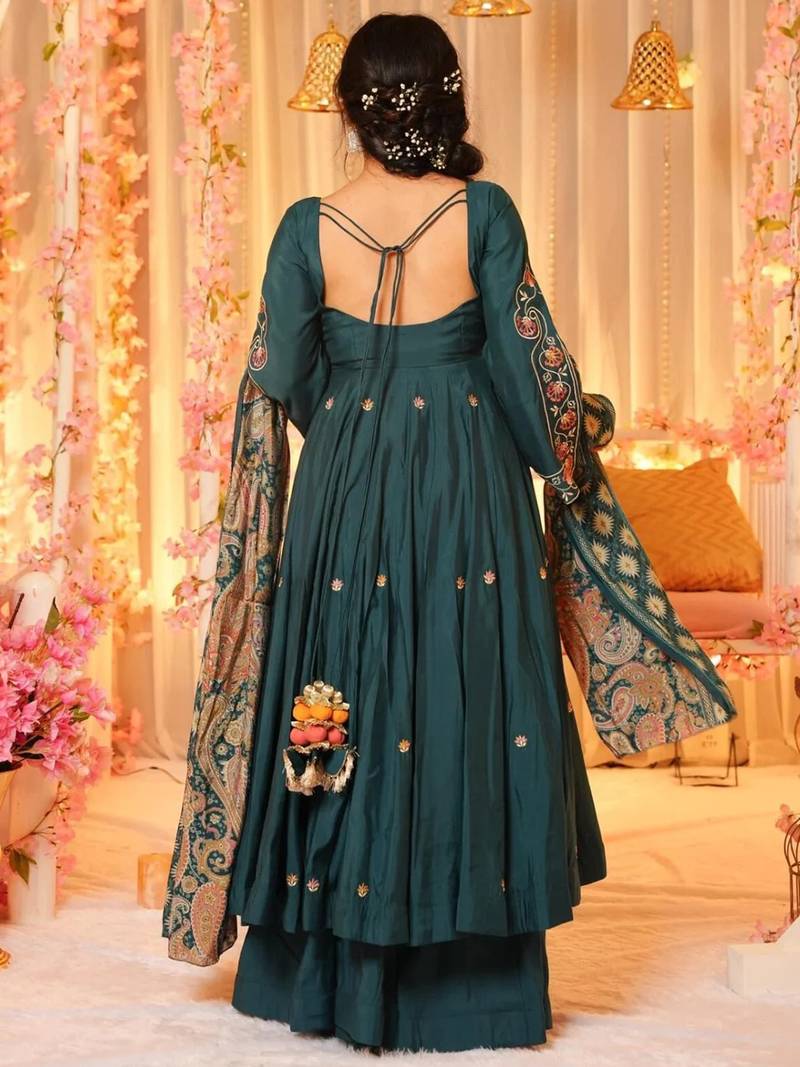 Teal green chanderi heavy thread embroidery work with printed dupatta kurta sharara set