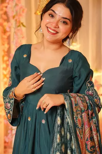Teal green chanderi heavy thread embroidery work with printed dupatta kurta sharara set