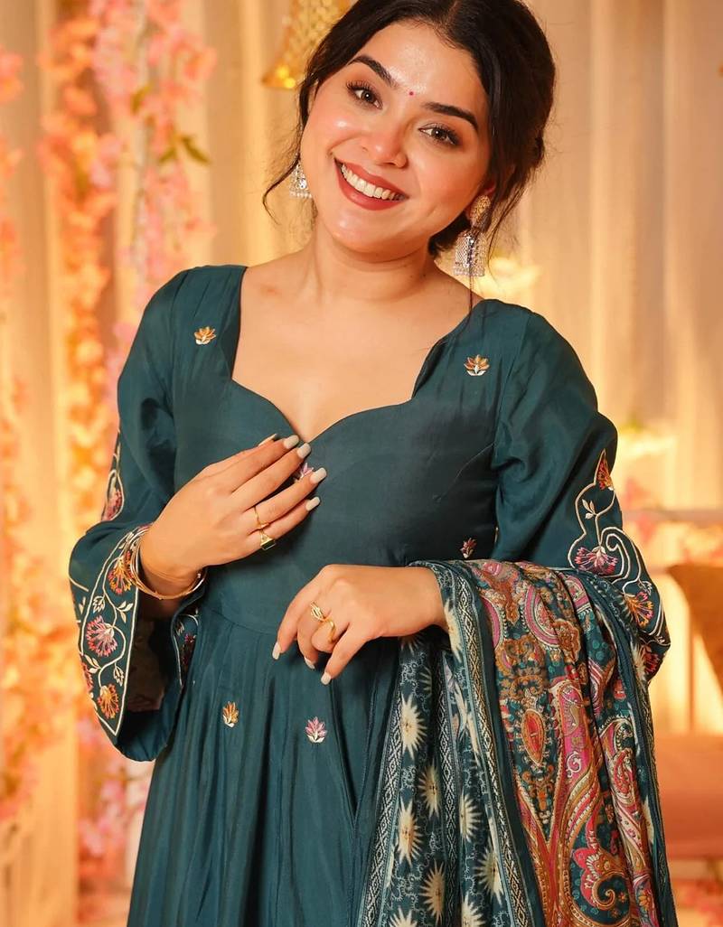 Teal green chanderi heavy thread embroidery work with printed dupatta kurta sharara set