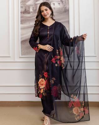 Black assam silk printed kurta pant set 1