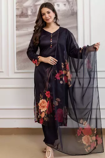Black assam silk printed kurta pant set