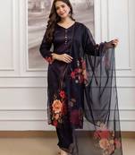 Black assam silk printed kurta pant set