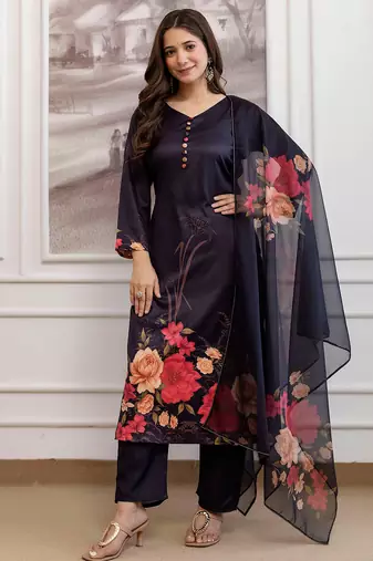 Black assam silk printed kurta pant set