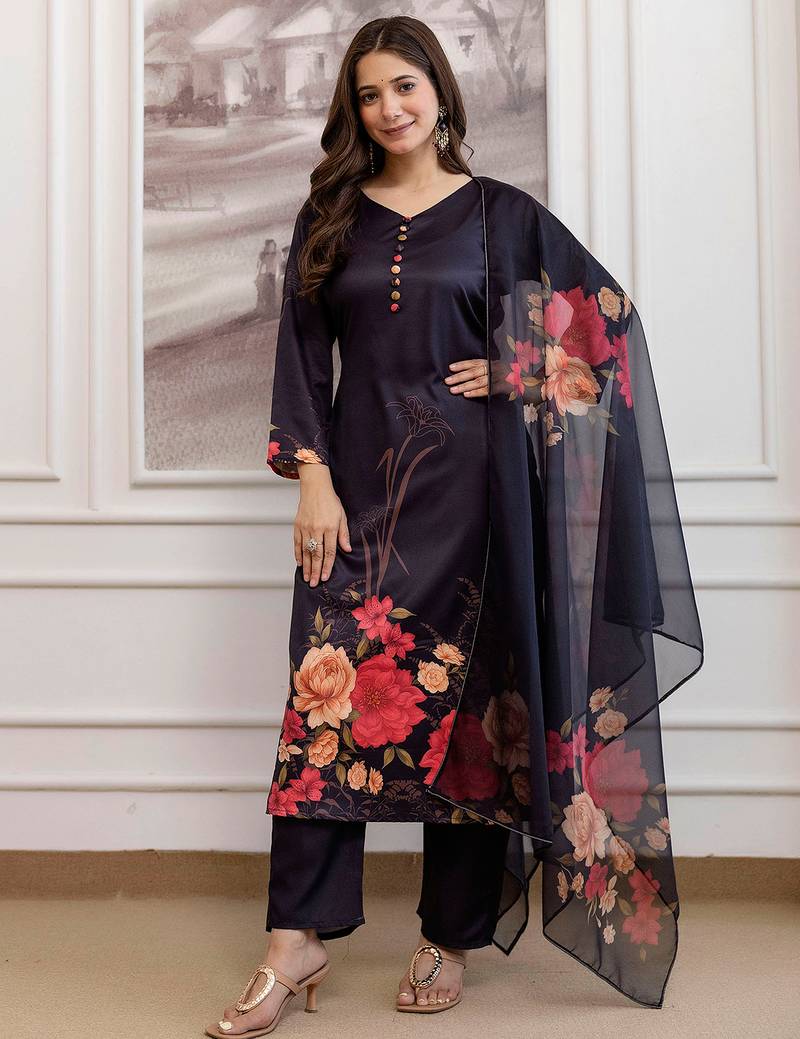 Black assam silk printed kurta pant set