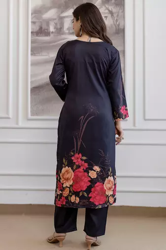 Black assam silk printed kurta pant set