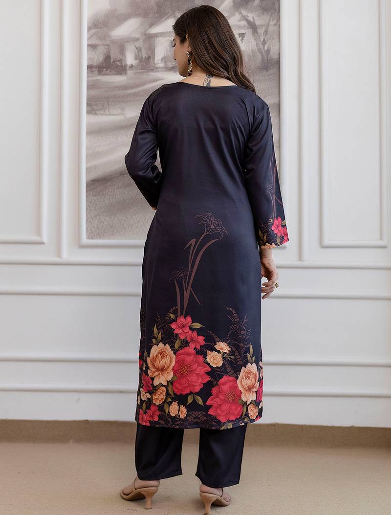 Black assam silk printed kurta pant set