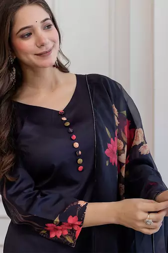 Black assam silk printed kurta pant set