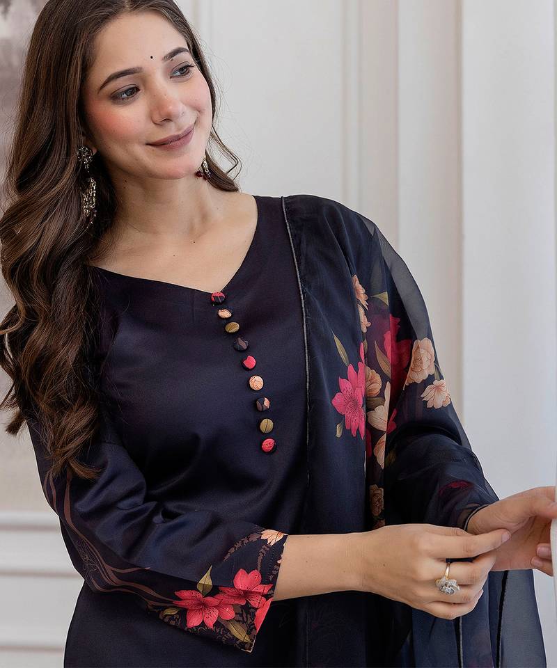 Black assam silk printed kurta pant set
