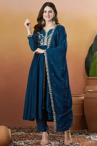 Blue vichitra silk heavy thread embroidery work kurta pant set