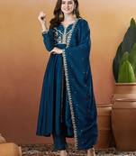 Blue vichitra silk heavy thread embroidery work kurta pant set