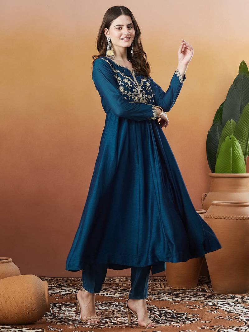 Blue vichitra silk heavy thread embroidery work kurta pant set