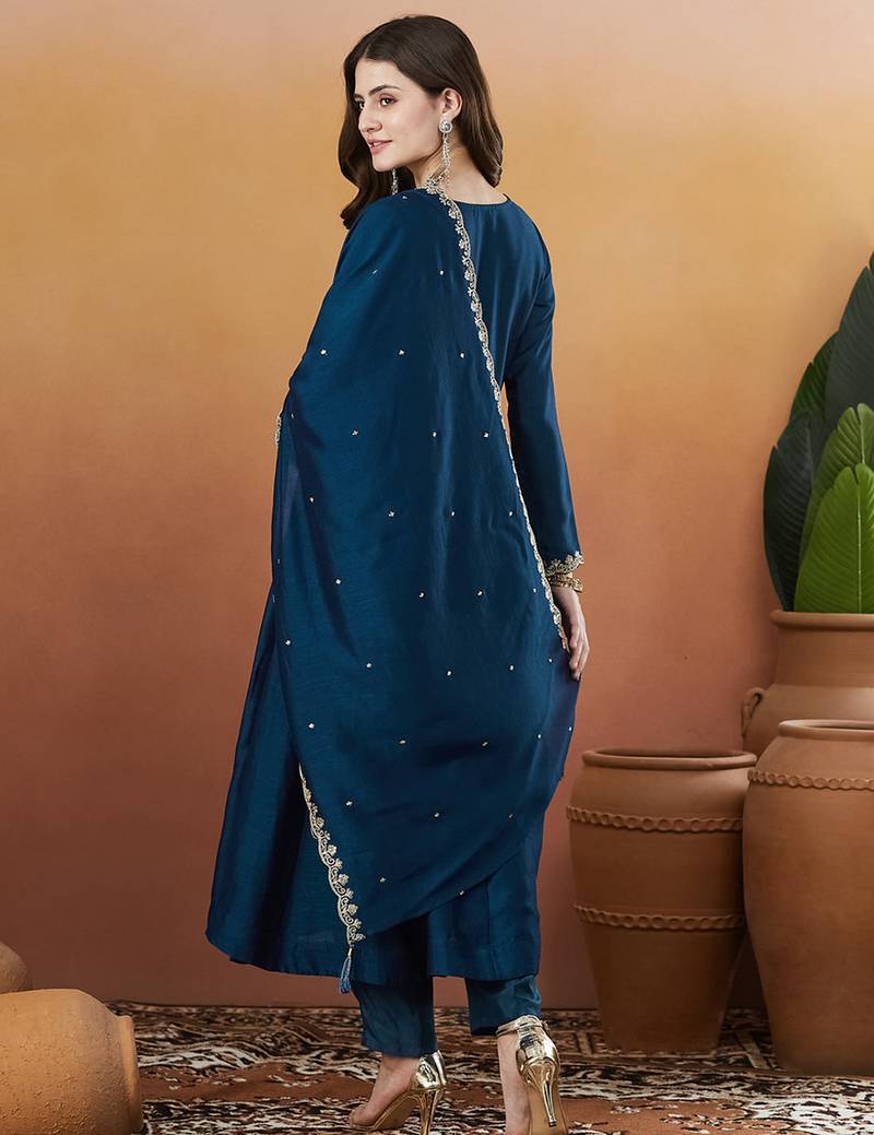 Blue vichitra silk heavy thread embroidery work kurta pant set