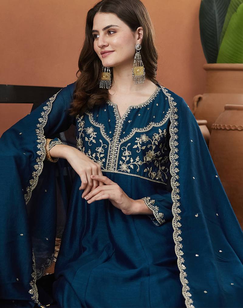 Blue vichitra silk heavy thread embroidery work kurta pant set