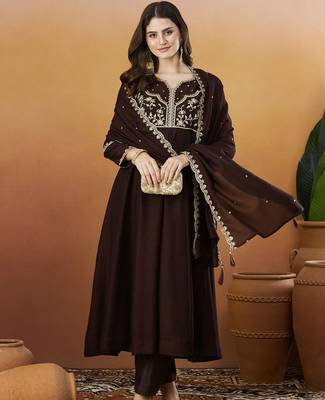 Coffee vichitra silk heavy thread embroidery work kurta pant set 1