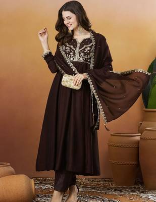 Coffee vichitra silk heavy thread embroidery work kurta pant set 2