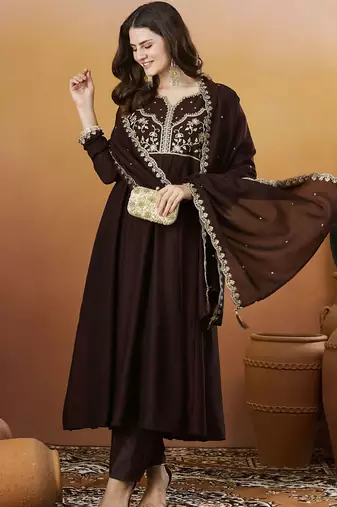 Coffee vichitra silk heavy thread embroidery work kurta pant set