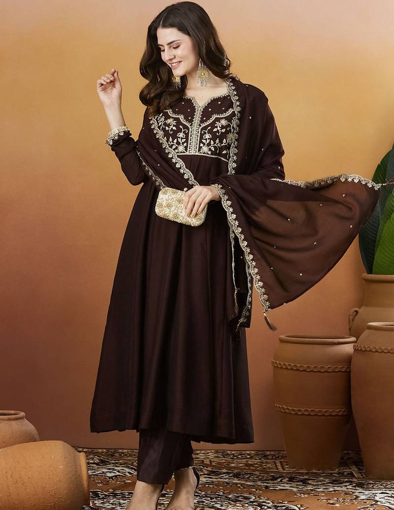 Coffee vichitra silk heavy thread embroidery work kurta pant set