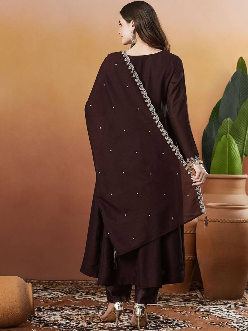 Coffee vichitra silk heavy thread embroidery work kurta pant set