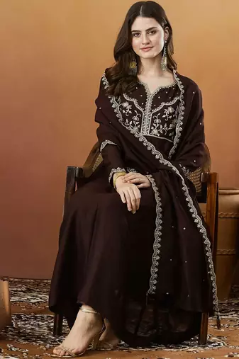 Coffee vichitra silk heavy thread embroidery work kurta pant set