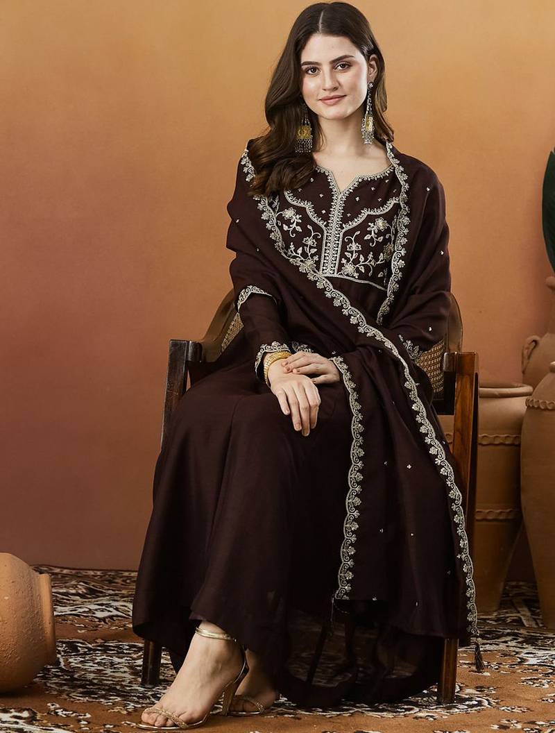 Coffee vichitra silk heavy thread embroidery work kurta pant set