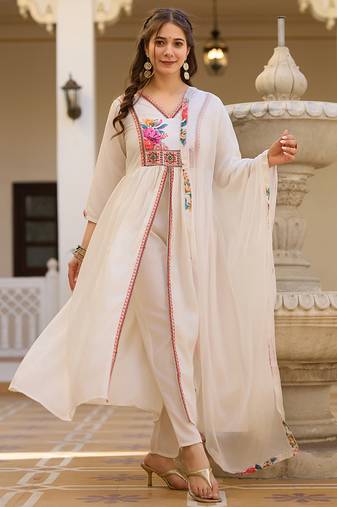 Off white silk heavy thread embroidery work kurta pant set
