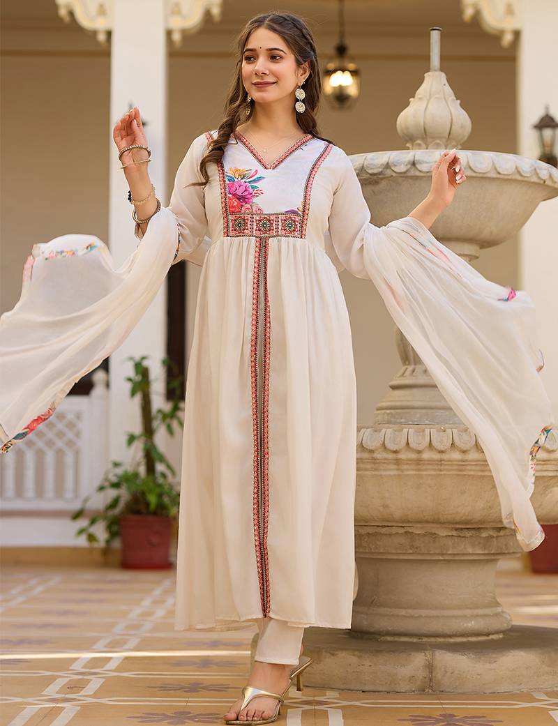 Off white silk heavy thread embroidery work kurta pant set