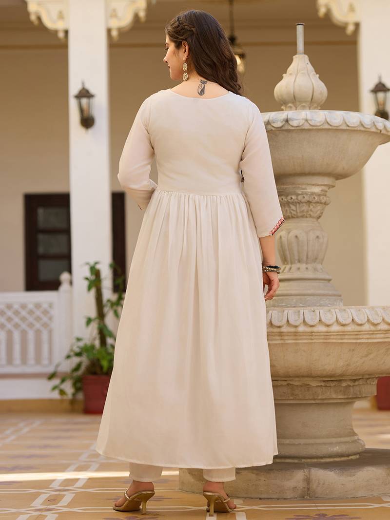 Off white silk heavy thread embroidery work kurta pant set