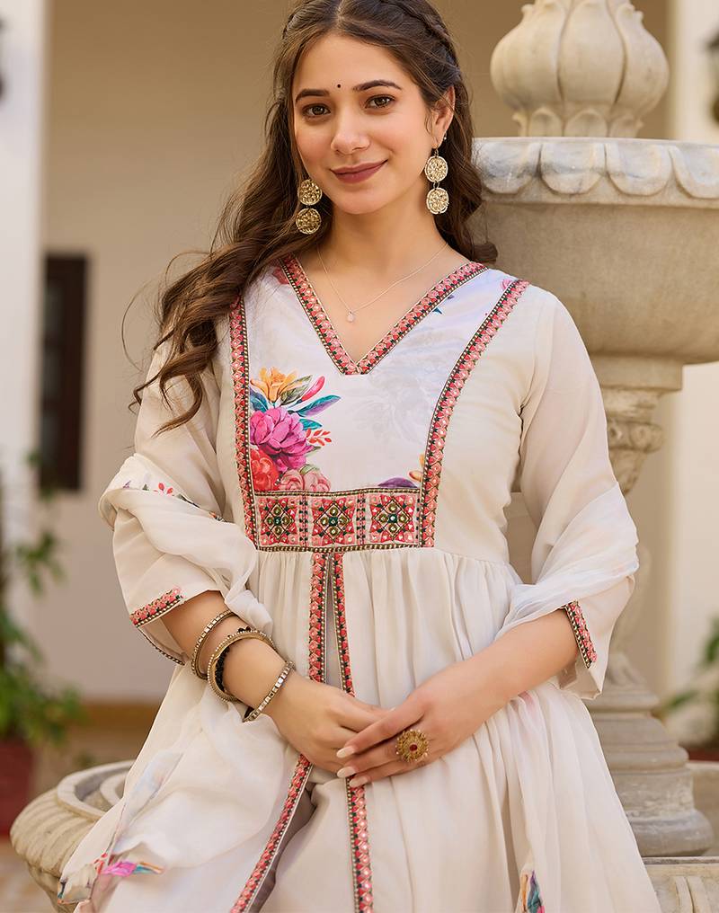 Off white silk heavy thread embroidery work kurta pant set