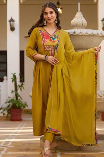 Mustard silk heavy thread embroidery work kurta pant set