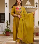 Mustard silk heavy thread embroidery work kurta pant set