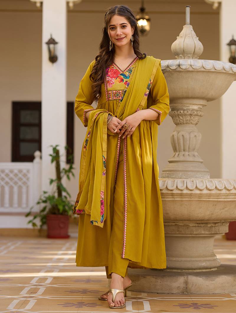 Mustard silk heavy thread embroidery work kurta pant set