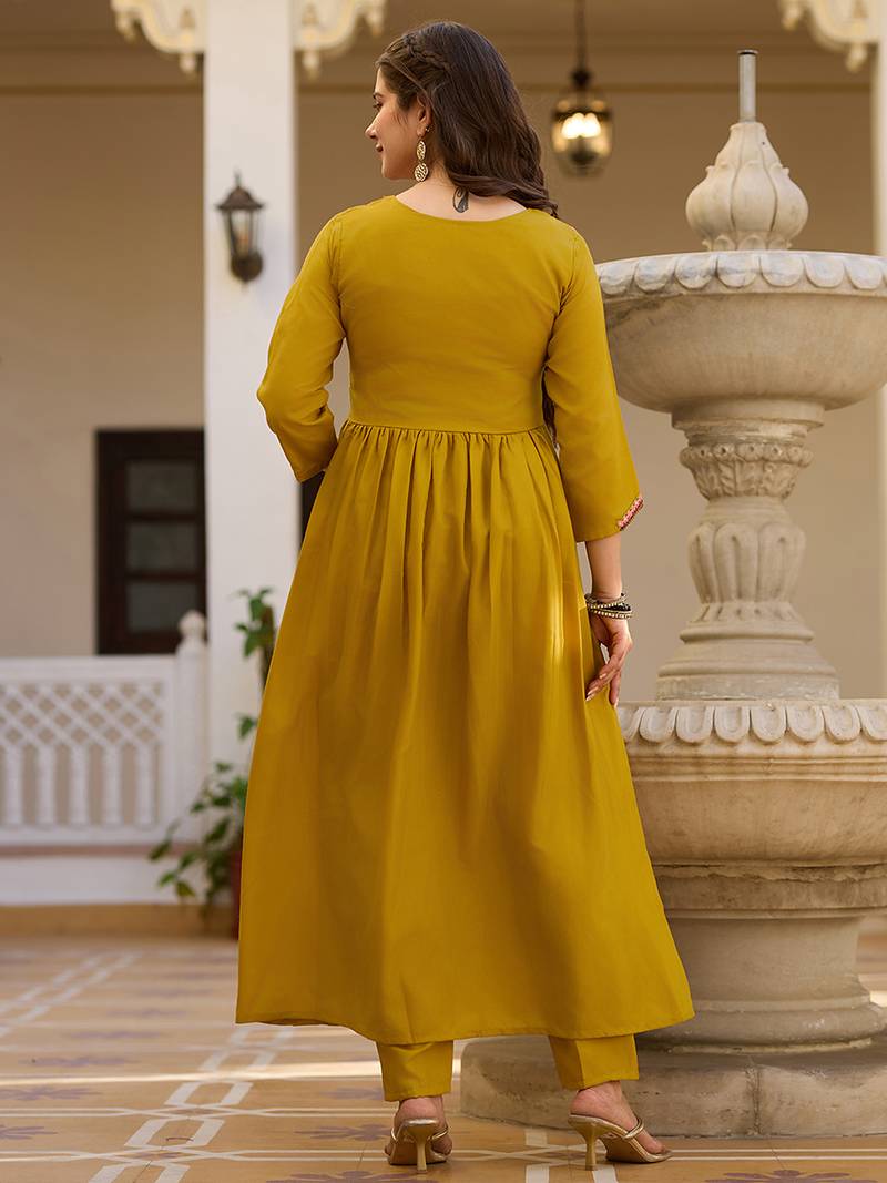 Mustard silk heavy thread embroidery work kurta pant set