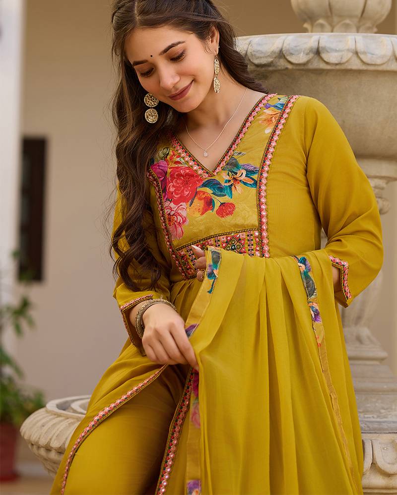 Mustard silk heavy thread embroidery work kurta pant set