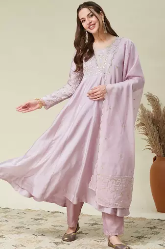 Lavender vichitra silk heavy thread embroidery work kurta pant set