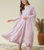 Lavender vichitra silk heavy thread embroidery work kurta pant set