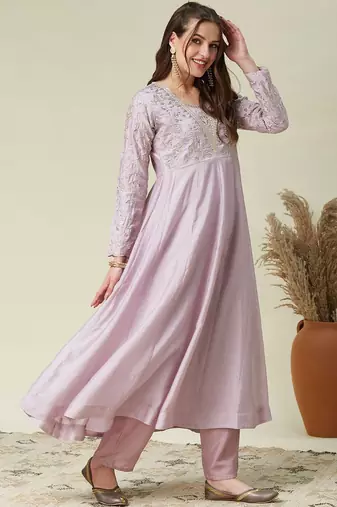 Lavender vichitra silk heavy thread embroidery work kurta pant set