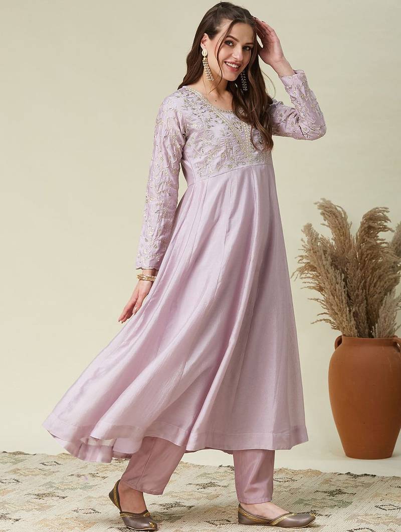 Lavender vichitra silk heavy thread embroidery work kurta pant set