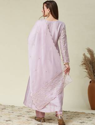 Lavender vichitra silk heavy thread embroidery work kurta pant set 3