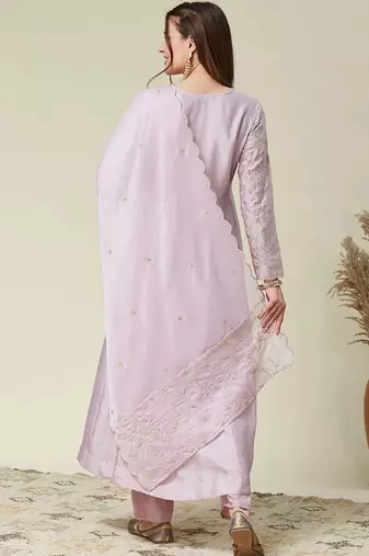 Lavender vichitra silk heavy thread embroidery work kurta pant set