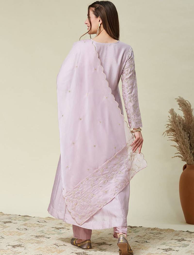 Lavender vichitra silk heavy thread embroidery work kurta pant set
