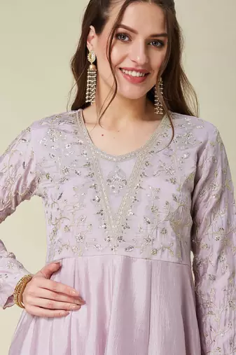 Lavender vichitra silk heavy thread embroidery work kurta pant set