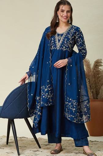 Blue vichitra silk heavy thread embroidery work kurta pant set