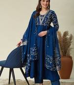 Blue vichitra silk heavy thread embroidery work kurta pant set