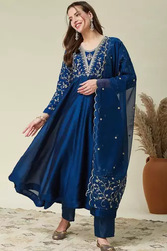 Blue vichitra silk heavy thread embroidery work kurta pant set