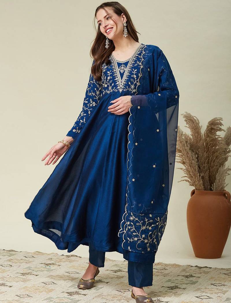 Blue vichitra silk heavy thread embroidery work kurta pant set