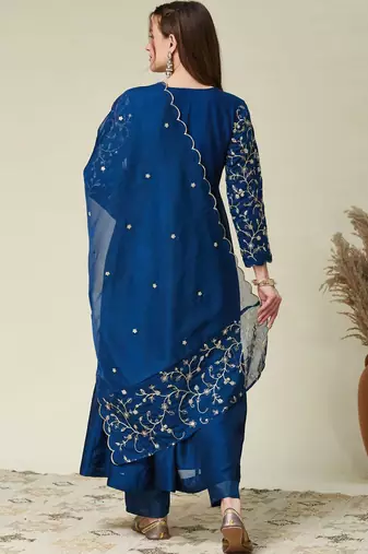 Blue vichitra silk heavy thread embroidery work kurta pant set