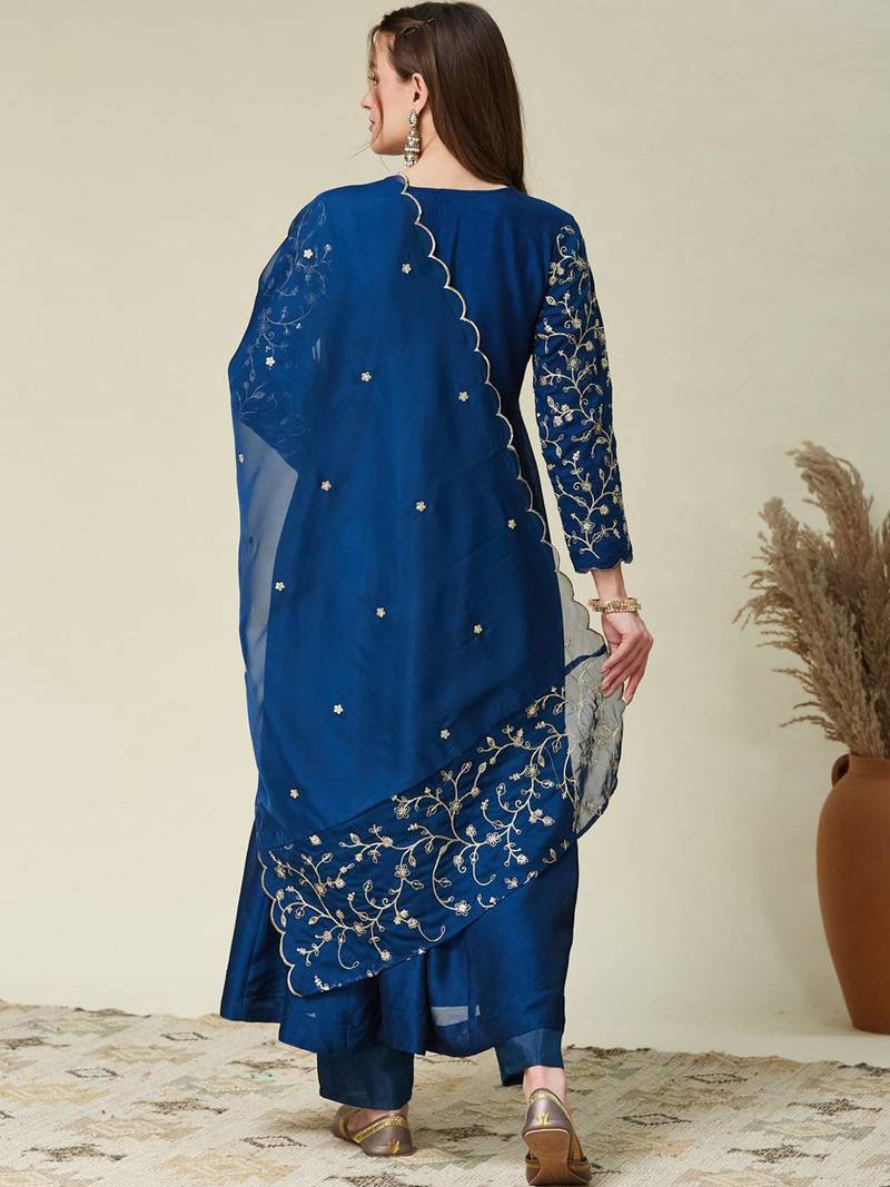 Blue vichitra silk heavy thread embroidery work kurta pant set