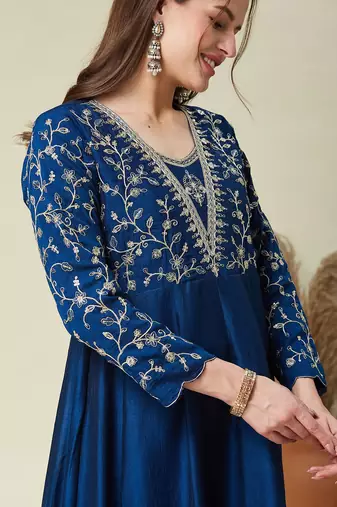 Blue vichitra silk heavy thread embroidery work kurta pant set