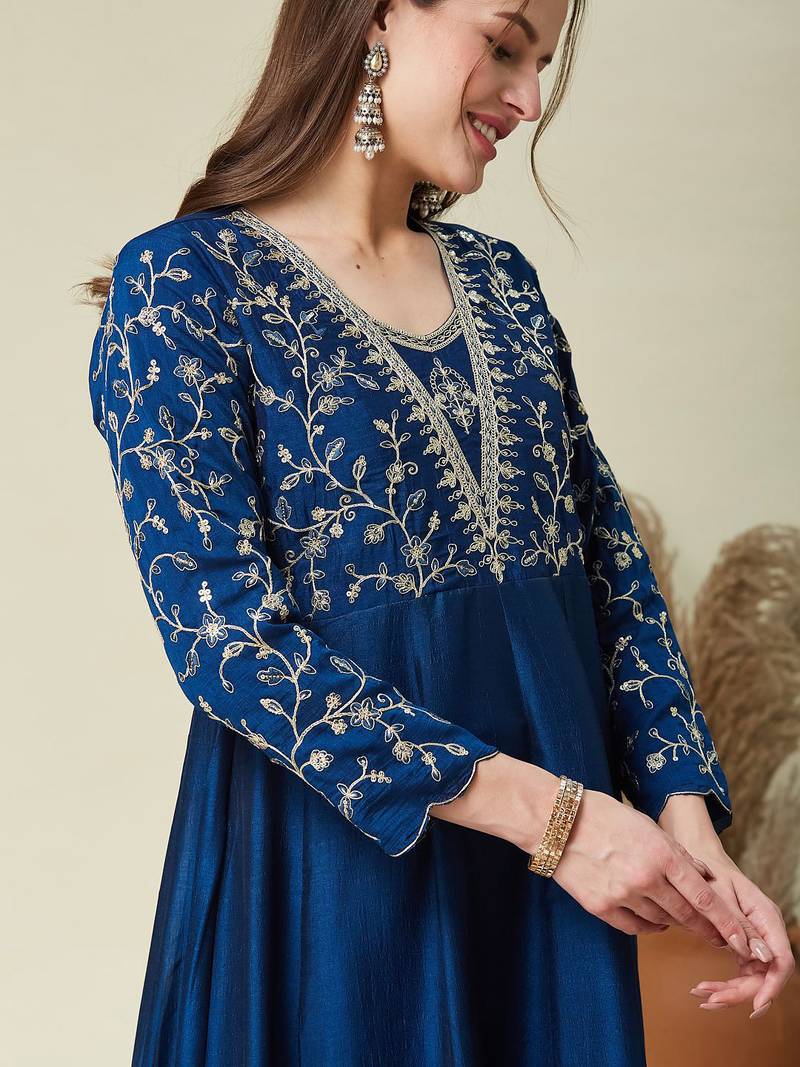 Blue vichitra silk heavy thread embroidery work kurta pant set